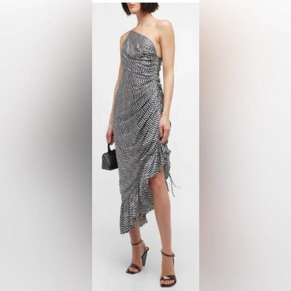 NEW Cinq A Sept Christel One-Shoulder Asymmetric Silk Midi Dress Zebra Print 8 - Picture 2 of 7